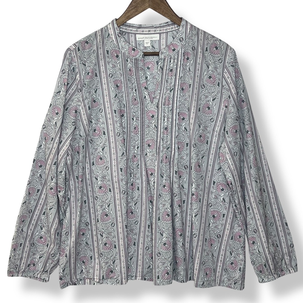 Pure J. Jill Tunic Blouse‎ L Gray Pink Organic Cotton Floral Stripe Cottagecore